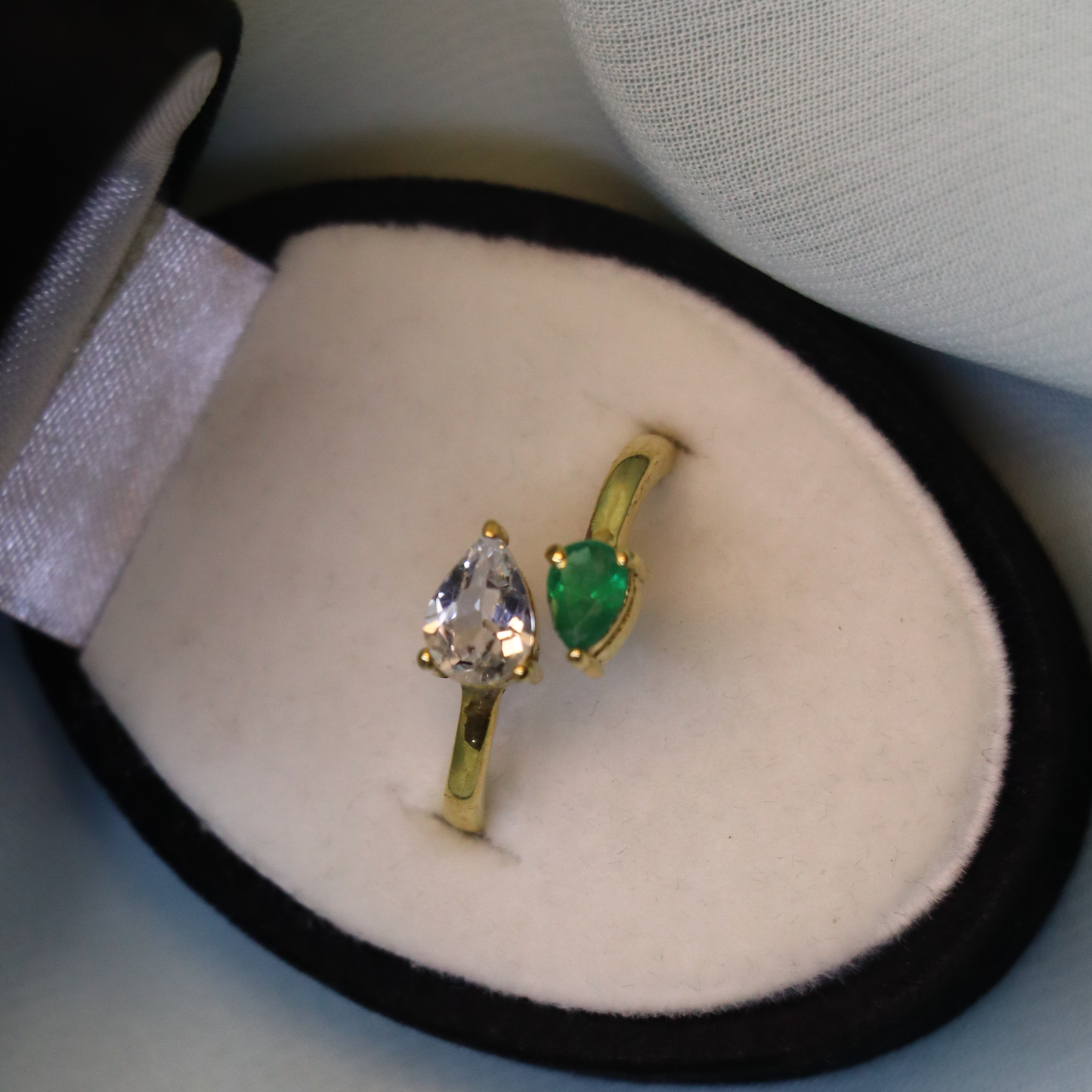 Toi et Moi – Pear-Shaped Emerald and Topaz Gold Ring | Sovereign Splendor | Forbidden Collection