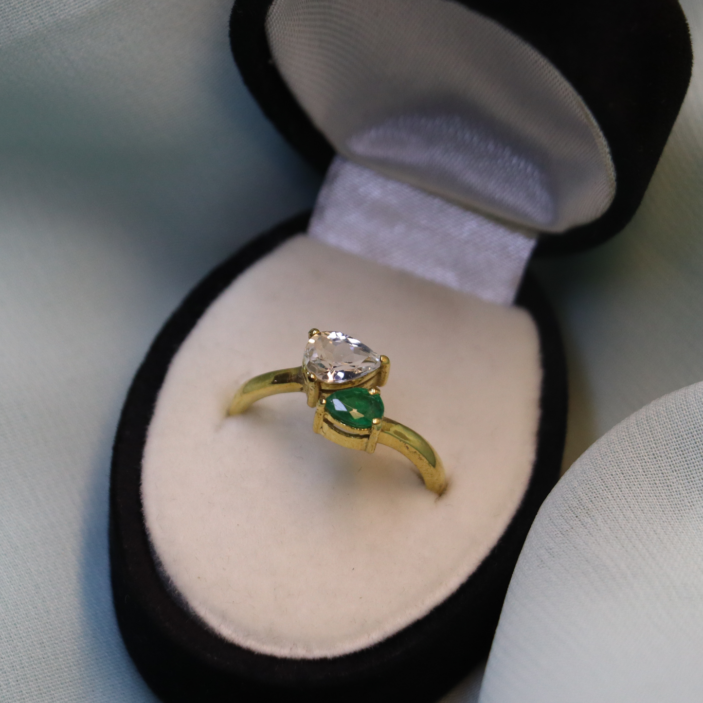 Toi et Moi – Pear-Shaped Emerald and Topaz Gold Ring | Sovereign Splendor | Forbidden Collection